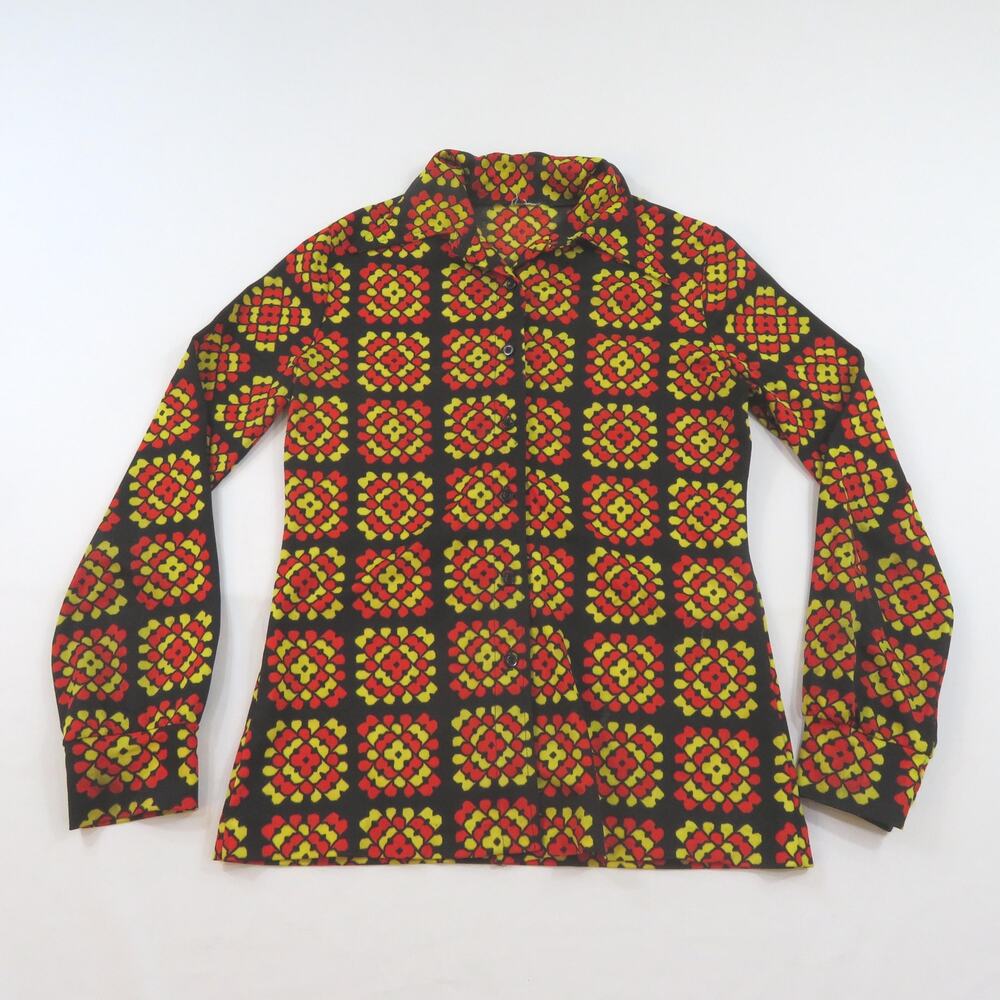 Womens Window Pane Check Plaid Shirt Hippie Boho Black Yellow Red Sz S-M? 1970s